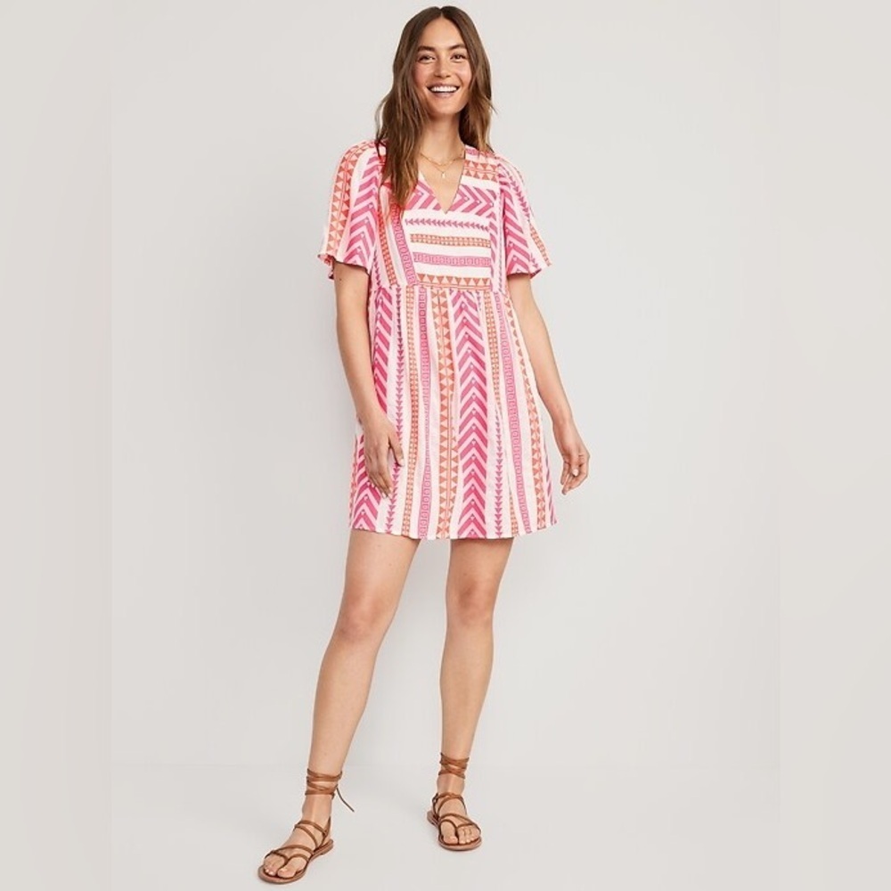 Old Navy Pink & Orange Jacquard Aztec Mini Swing Dress Size Medium TALL Cotton